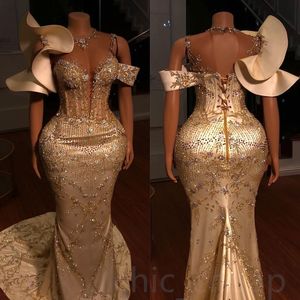 Arabic Aso Ebi Gold Mermaid Prom Dresses Lace Beaded Sexy Evening Formal Party Second Reception Birthday Engagement Gowns Dress Zj773 407