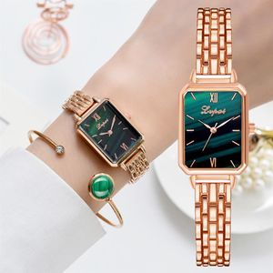 LVPAI Brand Watch for Women Luxury Square Ladies Wrist Watch Bracelet Set Dial Green Rose Gold Chain Feminino Relógio MUJER311L