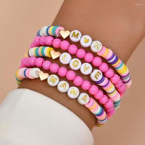 Strand 5 Pcs/set Bohemia Multicolor Polymer Clay Flat Beads Bracelet For Women Elastic Charm Heart Love Mom Set Jewelry Gift