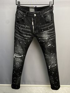 Erkek kotları yok etti siyah patenci kot pantolon sıkıntılı ince uygun fermuarlı tasarımcı kot pantolon boyutu 44-54
