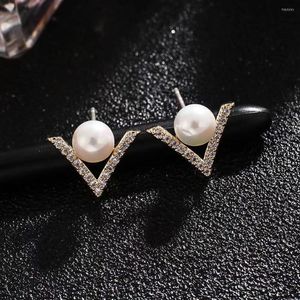 Stud Earrings Exquisite Geometric Pearl For Women Girls With Cubic Zirconia Real Gold-plated V-shape Earring Fashion Jewelry