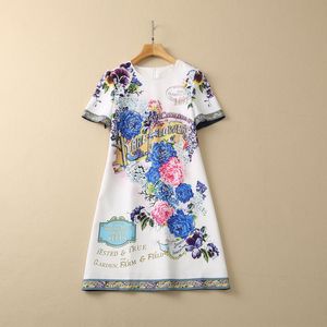 2023 Spring White Floral Print Beaded Dress Short Sleeve Round Neck Rhinestone Short Casual Dresses S3F131624