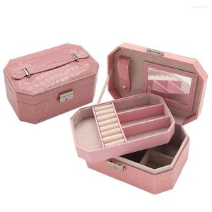 Smyckespåsar Portable Octagonal Box Två lager Creative Pu Cosmetic Makeup Organizer Crocodile Wedding Storage