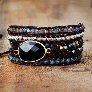 Charm-Armbänder Native Inspired Designer-Lederarmband Black Onyx Mix 5 Stränge gewebte Wickelarmreifen Böhmischer Schmuck Dropship 230216