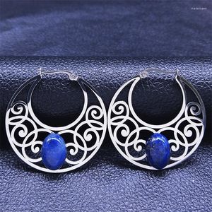 Stud Earrings Bohemia Yoga Flower Lapis Lazuli Stainless Steel Big Hoop Earring Silver Color Basket Circle Jewelry E9355S04