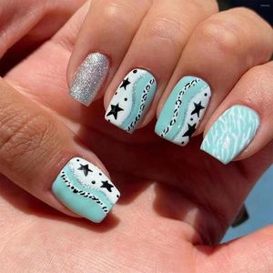 False Nails 24pcs Press On Square Head Fake Nail Patch Short Blue With Silver Glitter Star Pattern Y2k Artificial Tips