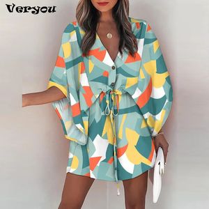 Casual Kleider Boho Strand Urlaub Mini Kleid Frauen Sommer Druck Spitze Up Button Batwing Hülse Für frauen Lose Weibliche Robe 230217