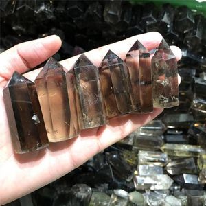 Decorative Figurines Natural Smoky Quartz Hexagon Pillar Crystal Dot Wand Healing Home Decorations Mineral DIY Gift