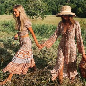 Casual Dresses Green/Red Bohemian Beach Long Women Button V-Neck flared ärmar Autumn Boho Hippie Chic Maxi Vestidos 230217