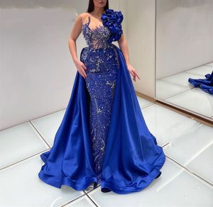 Dark Blue Luxury Prom Dresses Sleeveless V Neck 3D Lace Sexy Appliques Sequins Beaded Floor Length Celebrity Detachable Train Evening Dresses Plus Size Custom Made