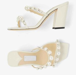 Nieuwe zomer lxuxry merken Amara sandalen schoenen voor dames nappa lederen muildieren met parel strappy blok hakken comfort mode witte slipper wandelschoen EU35-43