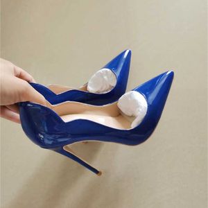 Elbise Ayakkabı Mavi Kıvırdaki Üst Kadınlar Patent PU NANSEDE TOE Stiletto 12cm Yüksek Topuklu Seksi Bayanlar Parti Elbise Ayakkabıları Kulüp Dans 10cm Pompalar QP042 L230216