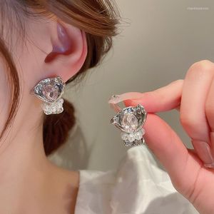 Stud Earrings Korean Pleated Pearl Rhinestone Bouquet Bag Niche Design Temperament