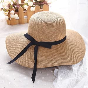 Wide Brim Hats HT1299 Classic Women Summer Large Big Straw Black Ribbon Band Lady Floppy Beach Sun Foldable Eger22