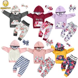 Pijamas Infantil Baby Girl Roupos de 3pcs Conjuntos de retalhos de retalhos de bolso moletom calça casual calça de cabelo Traje de roupa de cabelo 230217