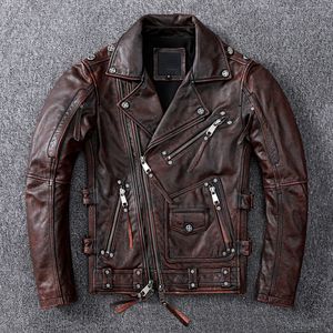 Men's Leather Faux Vintage Brown Motorcycle Jacket Men Natural Genuine Cowhide Jackets Autumn Slim Fit Biker's Ooblique Zipper Coat 230217