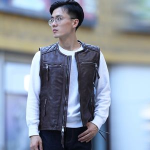 Men's Vests Luminous Motorcycle Real Waistcoat Vegetable Tanned Windresistant Genuine Leather Jacket Black Brown Cowhide Vest 230217