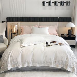 Novo conjunto de cama de algodão egípcio 1000TC bordado branco/rosa luxo queen king size cor sólida capa de edredom macio lençol fronha tecido para casa