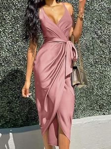 Vestidos casuais Office Office Elegant V Vestido Longo Longo Mulheres Sexy Sleeseless Party Irregular Moda Tie-Up Wrap Solid Satin maxi