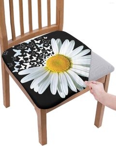 Chair Covers White Daisy Butterfly Flower Black Seat Cushion Stretch Dining Cover Slipcovers For Home El Banquet Living Room