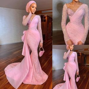 Pink Sexy Mermaid Prom Dresses Sparkly Crystal Beaded Scoop Neck Long Sleeve Evening Gowns Arabic Special Occasion Dress Wear