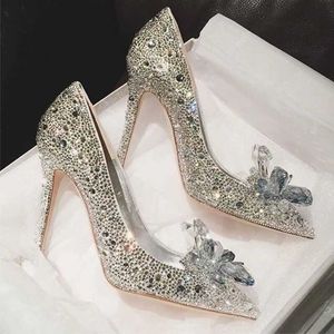 Dress Shoes 2023 New Rhinestone High Heels Cinderella Shoes Dam Pumps Spetsad tå Kvinna Crystal Bröllopsskor 5cm 7cm 9cm klack stor storlek L230216