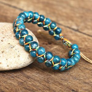 Charm Bracelets 6mm Apatite Stone Beads Braided Double Layer Bangle Women Men Handmade Jewelry Friendship Strand 230216
