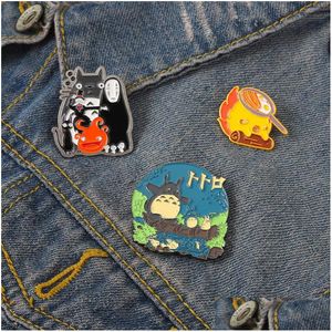 Cartoon Accessories No Face Man Enamel Pins Custom Calcifer Scarecrow Cat Jiji Brooches Lapel Badge Movie Animal Jewelry Gift For Ki Dh9Vw