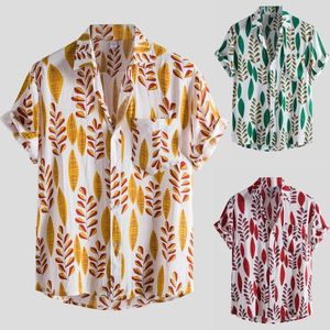 Men's T Shirts Turn-Down Men's Sleeve Button Shirt Fashion Print Short Casual Blouse Leaves Men Ethnic Slim Fit Beachwear