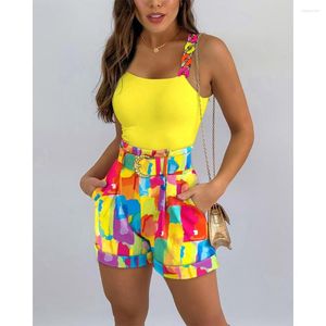 Kvinnors spårdräkter sommarkvinnor Två stycken kedja remstank topp färgblock shorts set med bälte mode femme casual fyrkantig kostym