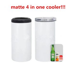 Copo refrigerador 4 em 1 fosco para sublimação com 2 tampas 16 onças refrigerador de latas em branco copo reto de aço inoxidável GJ0323