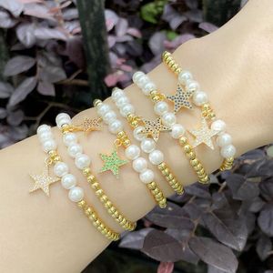 Strand pärlstav strängar som säljer bollhandarmband pärla pentagram zirkon elastiska pendlare smycken charm armband för kvinnor