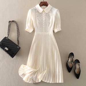 Casual Vintage Embroidered Pleated Women 2022 Summer Chic Sweet Short Sleeve Midi Party Dress Elegant Slim Waist Aline Dresses Z0216