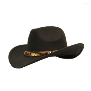 Beralar Retro Life Deri Band Unisex Kadınlar Erkekler /Çocuk Yün Geniş Köklü Kovboy Batı Şapkası Cowgirl Bowler Cap 54-57-61cm