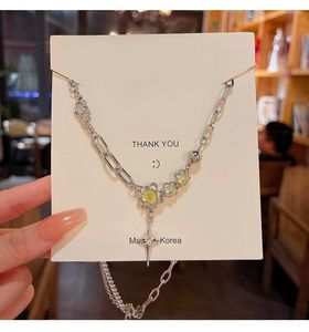 Choker Crystal Opal Pendant Liquid Metal Necklace For Women Clavicle Chain Geometric Irregular Vintage Y2K Jewelry Accessories