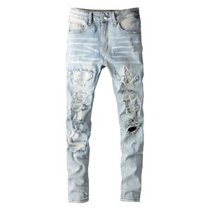 Men's Jeans Men Crystal Holes Ripped Patchwork Streetwear Light Blue Denim Slim Skinny Pencil Pants Trousers 230216