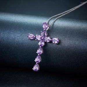 Chains 925 Silver-plated Amethyst Natural Color Gem Cross Pendant Female Clavicle Necklace Wholesale