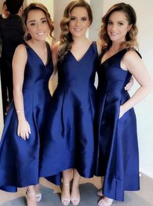 Królewskie niebieskie eleganckie satynowe sukienki druhny v szyja a liniowa herbata długość gości gości suknie plus wielkość formalna okazja sukienka dla kobiet pokojówka honorowe sukienki Cl1857