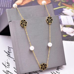 Chains Luxury Titanium Steel Necklace Camellia With Peal Pendant Sweater Chain Decoration Jewelry Girls Gift Wholesale Anti-fading