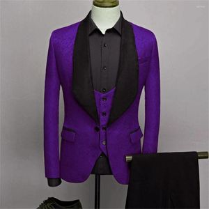 Men's Suits Men High Quality Shawl Lapel Man Pattern Purple Groom Tuxedos Wedding/prom 3 Pieces ( Jacket Pants Vest Tie ) E67