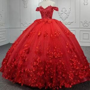 Splendido abito da ballo rosso Abiti Quinceanera Elegante spalle scoperte Fiori Appliques Perline Abiti da sposa increspati Dolce Junior Prom Abiti da sera Corsetto Indietro CPH401