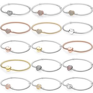 Armreif Original Rose Moments Pave Full Herz Verschluss Schlangenkette Armband Fit Fashion 925 Sterling Silber Charm DIY Schmuck 230216