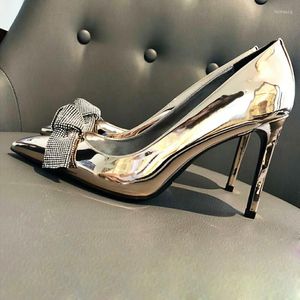 Dress Shoes Silver Gold Bling Rhinestone Bowtie Pumps Ladies Thin Heels Slip-On Wedding Woman Prom Party Crystal High