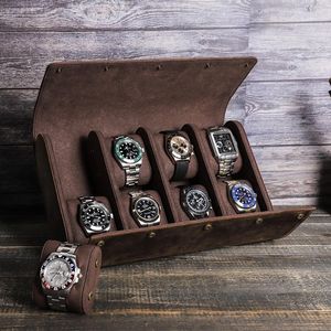 Titta på lådor 8 slots vintage Crazy Horse Leather Box Creative Round Buckle Organizer Luxury Jewellery Watches förvaring