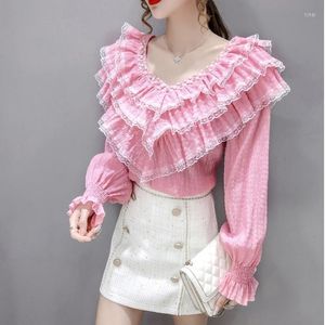 Women's Blouses Women Peplum Blouse Retro Ladies Top Designer Romantic Lace Long Sleeve Ruffles Floral Sweet Pearl Beading Female Shirt