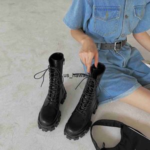 Boots Women shoes White Boots Autumn Fashion Black Leather Platform Gothic Punk Combat boots Mid-Calf women 0217V23