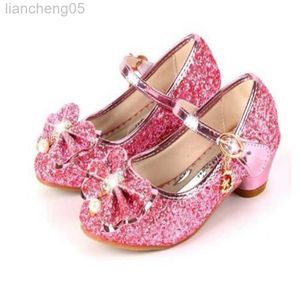 Sandaler Princess Kids Leather Shoes For Girls Flower Casual Glitter Children High Heel Girls Shoes Farterfly Knot Blue Pink Silver W0217