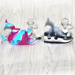 Tubos de fumaça de silicone Forma submarino de água portátil Cachimbo de água tubos com fumar tigela Seco Herb Cigarro Suporte de vidro Nectar Kit Coletor