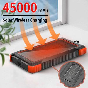 Mobiltelefon Power Banks Solar Power Bank Wireless laddning 45000mAh Portable Charger Outdoor Travel SOS Externt batteri med ficklampa för iPhone Mi J230217