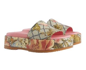 2023SS Womens Flower Print Mid Heel Slippers 55mm Canvas Flatform Sandaler med l￥dor och dammv￤skor